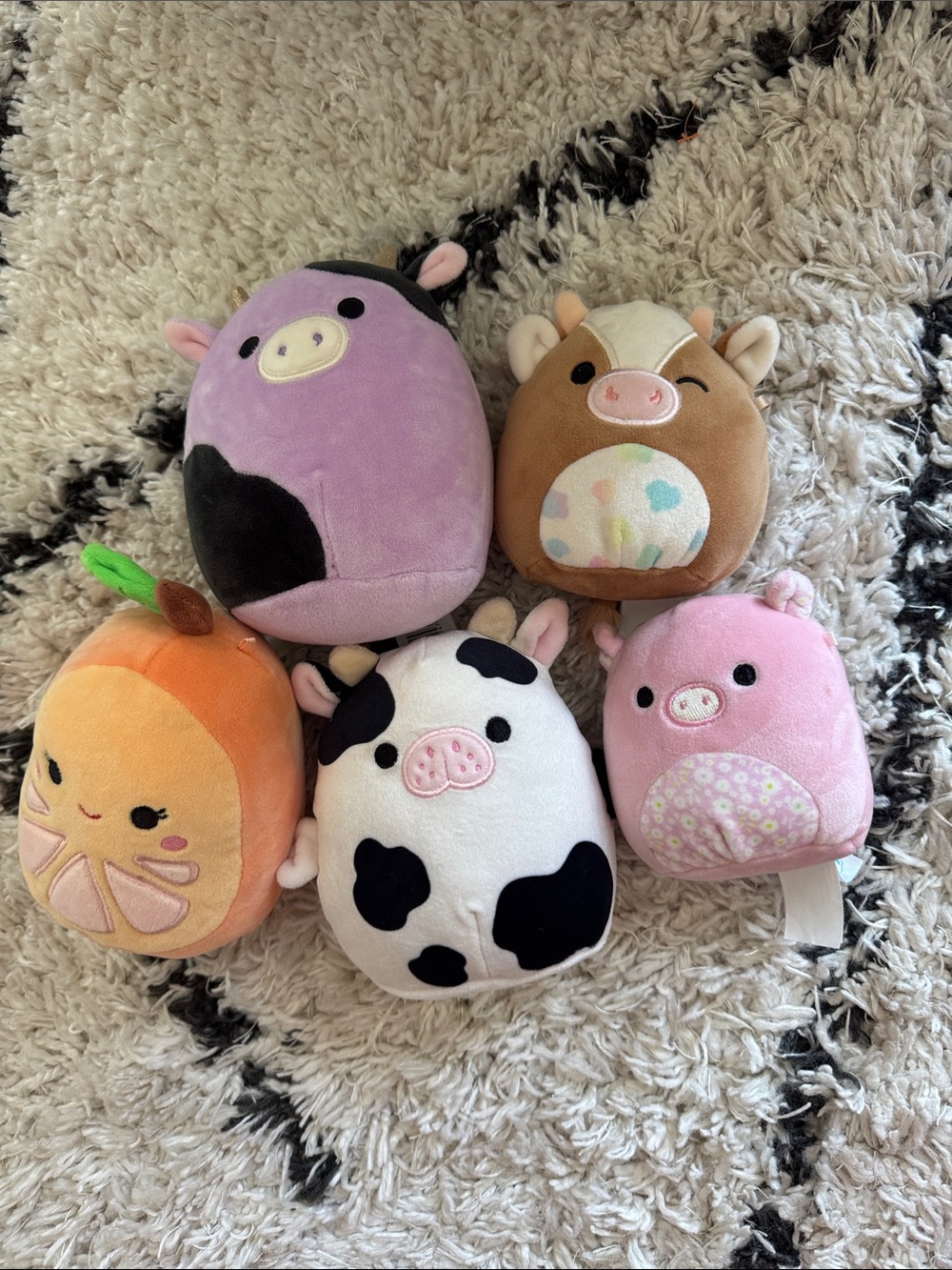 Squishmallows Plush Pig & Fruit Mini Set - Purple, Brown, Orange, White, Pink